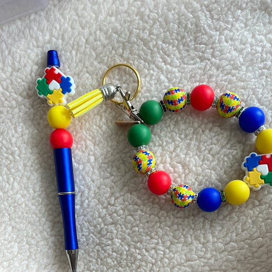 Autism beaded keychain and ink pen set