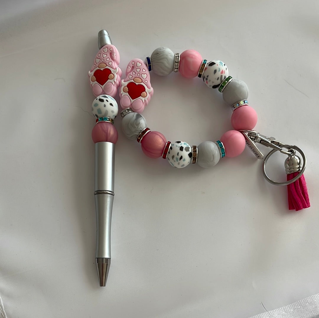Pink gnome beaded keychain and ink pen set
