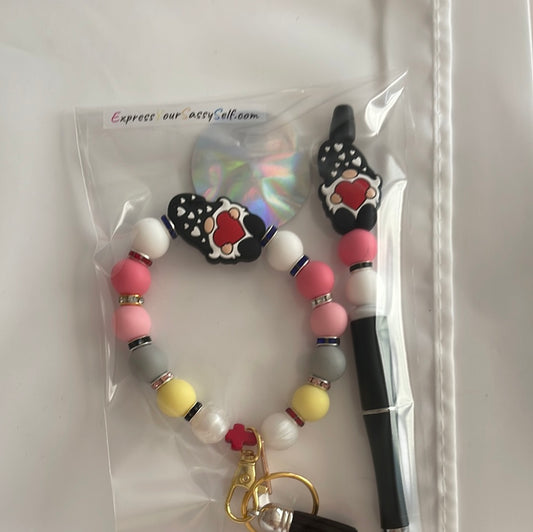 Gnome beaded keychain and ink pen set