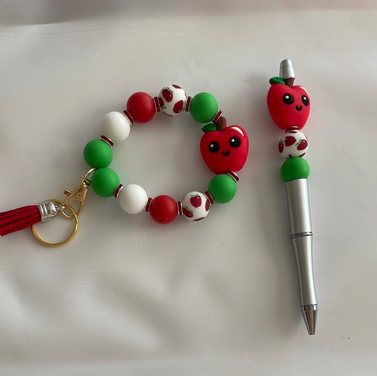 Apple Beaded keychain and ink pen with apple